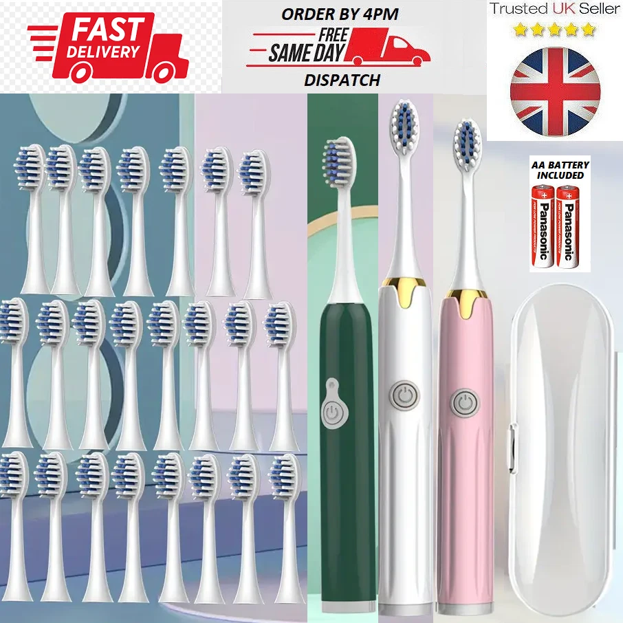 Electric Toothbrush Sonic Kids Adults Brush 24 Heads AA Battery Included UK