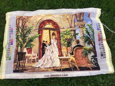 VINTAGE GOBELIN GESTICKTES BILD ALT HANDSTICH VIKTORIANISCHES ZIMMER SZENE PARTY
