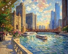 Chicago with riverwalk oil painting 8x10 Print