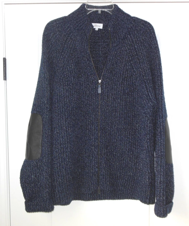 Brioni Italy Men's Chunky Knit Cardigan Sweater 50 M Wool Leather Full Zip Blue - Image 2 of 4