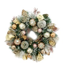 Gold Pomegranate Christmas Wreath with Ribbon and Ornament Accents Merry Xmas