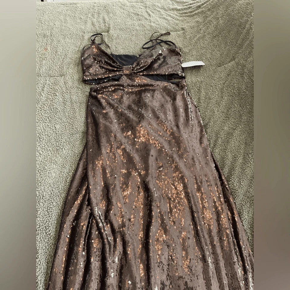 Maxi Vestido Halston Para Mujer Talla 10 Marrón Chloe Lentejuelas Correa Espagueti Cuello en V Foto 4 de 4