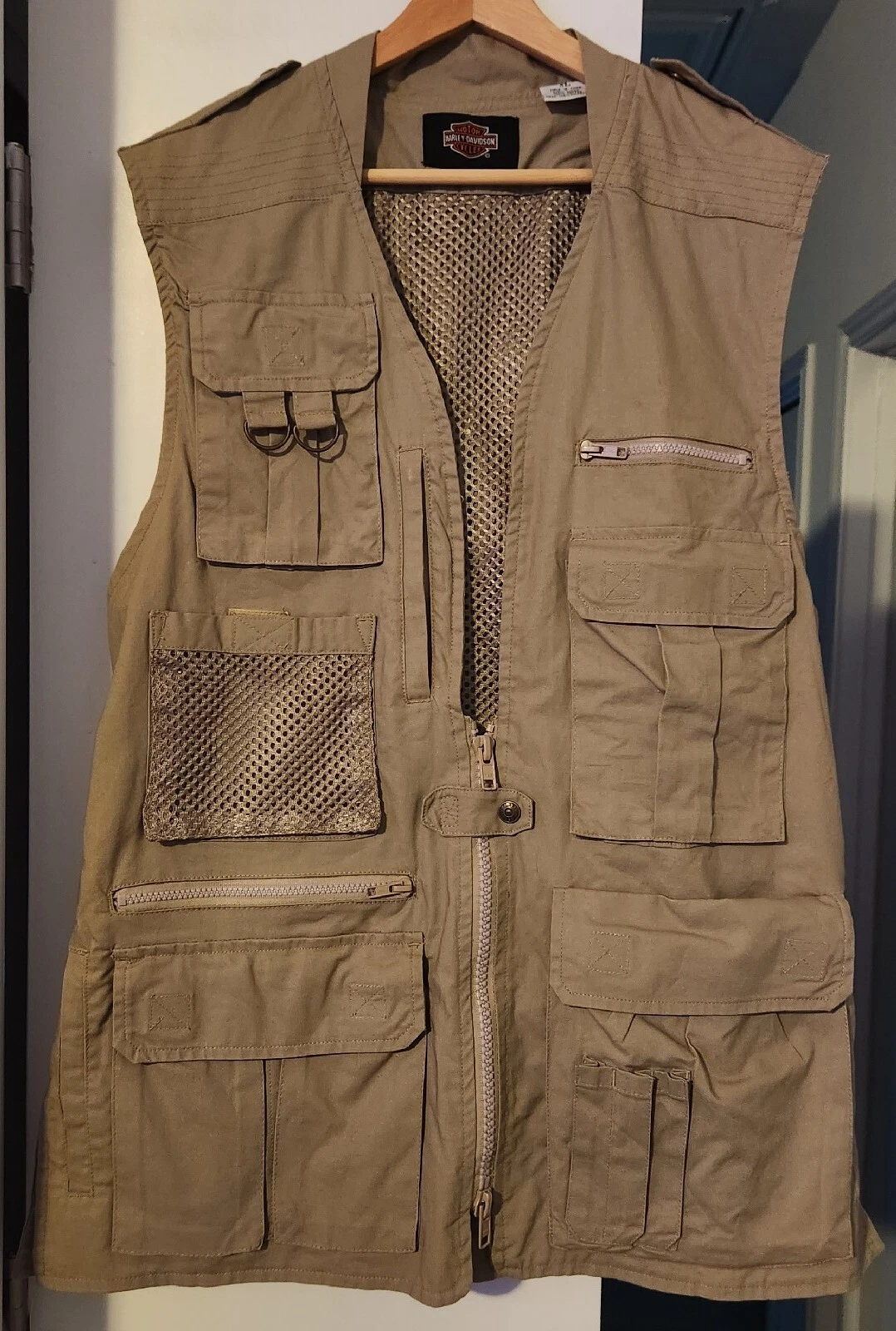 Harley Davidson Mens Khaki Denim Sleeveless Shirt Vest XL Fishing Photographer