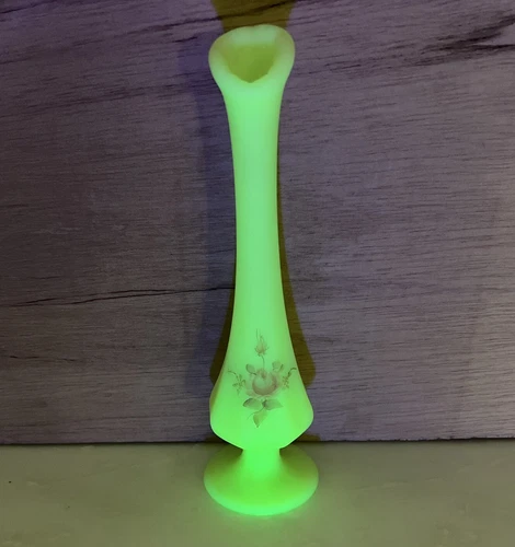 Vintage Fenton Glass Swung Bud Vase Uranium Glows Hand Painted Signed Flowers
