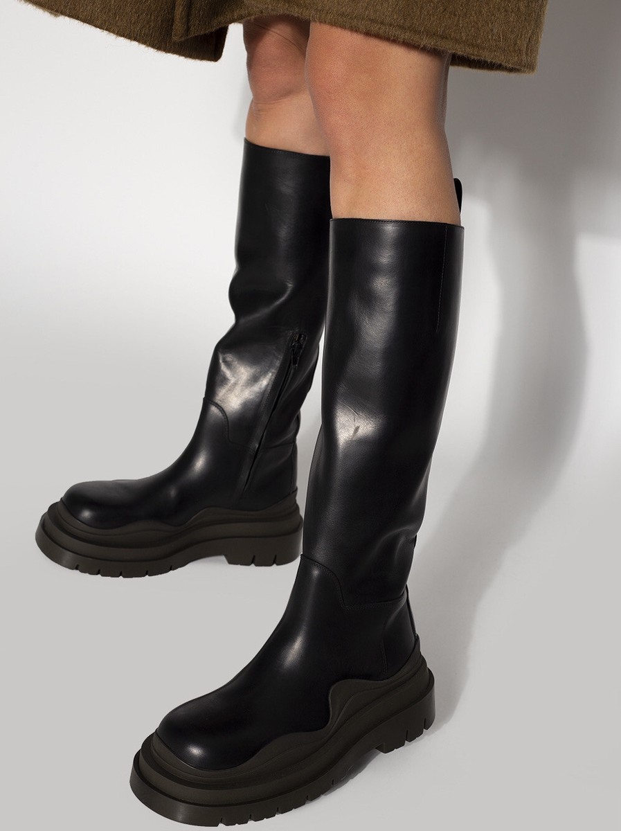 BOTTEGA VENETA Women's Knee High Leather Tire Boots Black 37 BOTTEGA VENETA Women's Knee High Leather Tire Boots Black 37