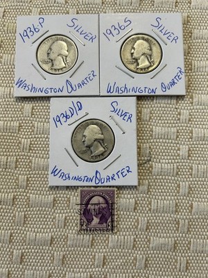 1-1936p,1-1936d/d, 1-1936s. (3) Coins Washington Quartesr+Bonus: 3c US Stamp.