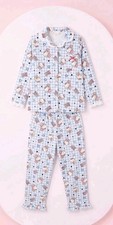 Hello Kitty Cartoon Satin Blue Pajama Set Multicolor Button Long Sleeve Women
