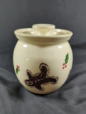 4.75" Three Rivers Pottery Sugar Bowl W Lid Gingerbread Man & Holly Berries 