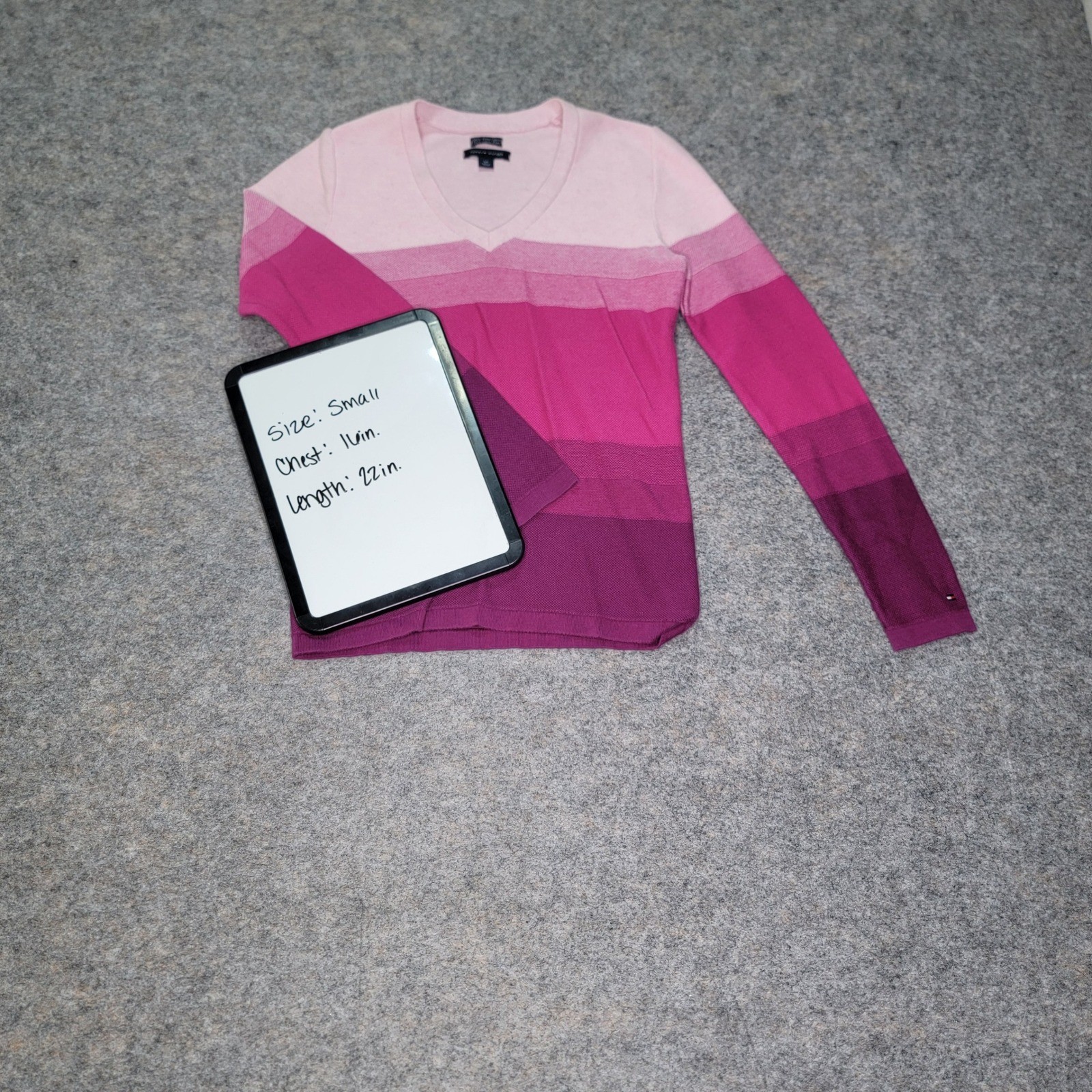 Tommy Hilfiger Womens Sweater Small Pink Purple Ombre Stripe V Neck Pima