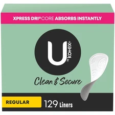 U by Kotex Clean & Secure Panty Liners,Light Absorbency,Regular Length,129 Count
