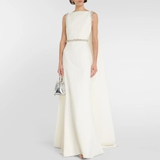 Prom Dress Custom Sleeveless Boat Neck Sweep Train Formal Party Gown Crystal