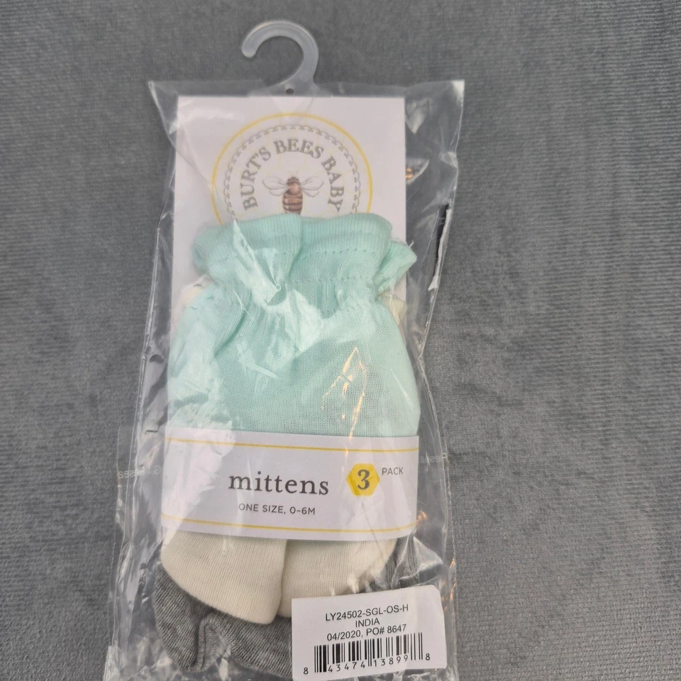 Burt's Bees Bio Baumwolle Baby Fäustlinge 3er Pack Mint, Weiß & Grau 0-6M