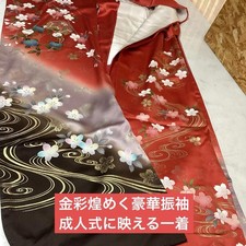 Japanese Kimono Long Sleeves Red  Black Gold Cherry Blossom Formal Used