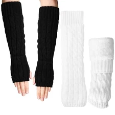  2 Pairs Arm Warmers Women's Long Fingerless Gloves Black and White Fleece 