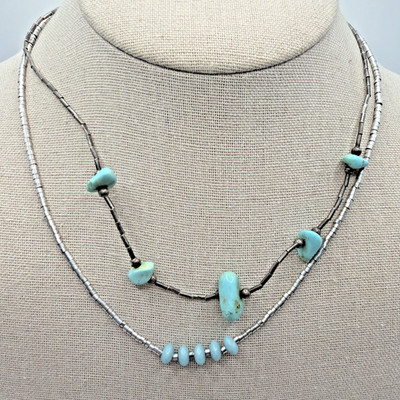 Vintage Native Necklace Set 2 Silver Turquoise