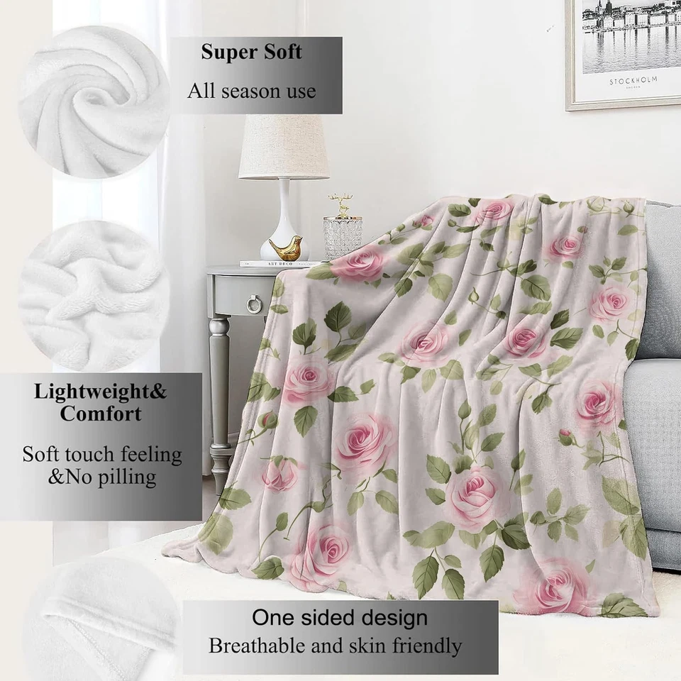 Floral Pink Rose Blanket Flower Throw Blankets with Green Leaves,Birthday Gif... - Image 2 of 4