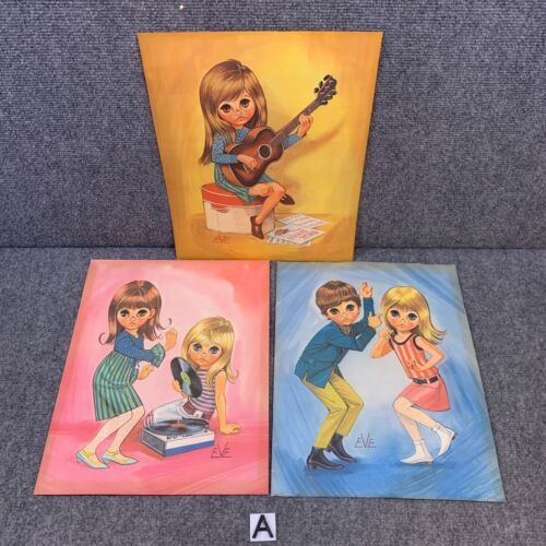 Vintage Set Of 3 Big Eye Kids Children Art Prints By Eve 11 x 14" inches 1960's