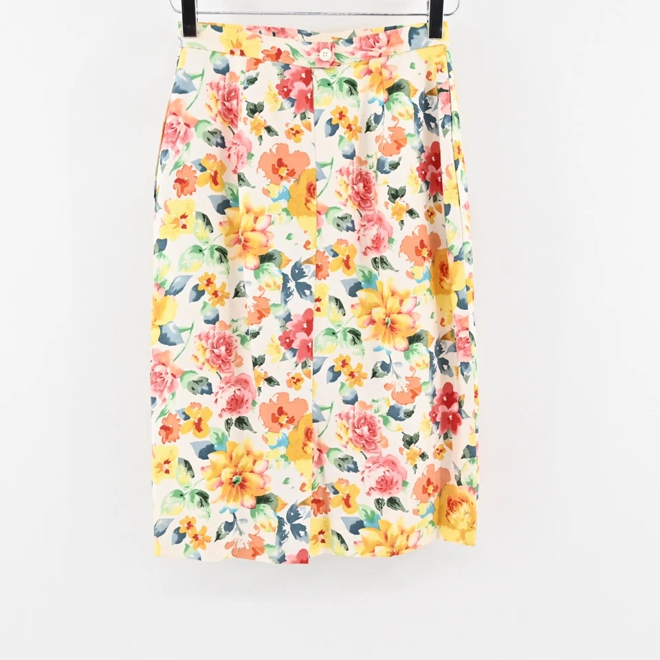 Vtg CHRISTIAN DIOR Womens Floral Skirt Suit Sz 2 Silk Short Sleeve Retro USA 80s - Image 3 of 4