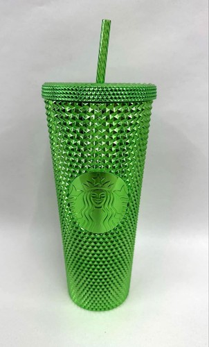 NUOVO Starbucks Bicchiere Venti con borchie cromate verdi 24 oz con cannuccia - Foto 1 di 2