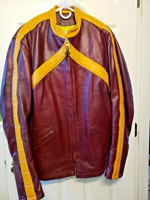 Vintage Bates Leather Motorcycle Jacket 46L Burgundy And Gold