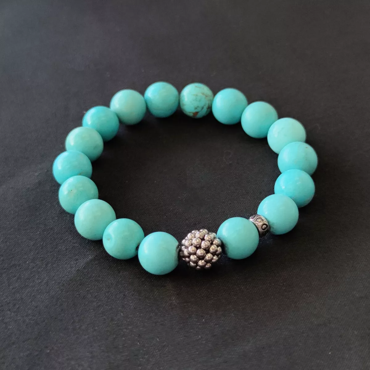 Lagos Maya Turquoise Gemstone Silver Station Caviar Bead Bracelet
