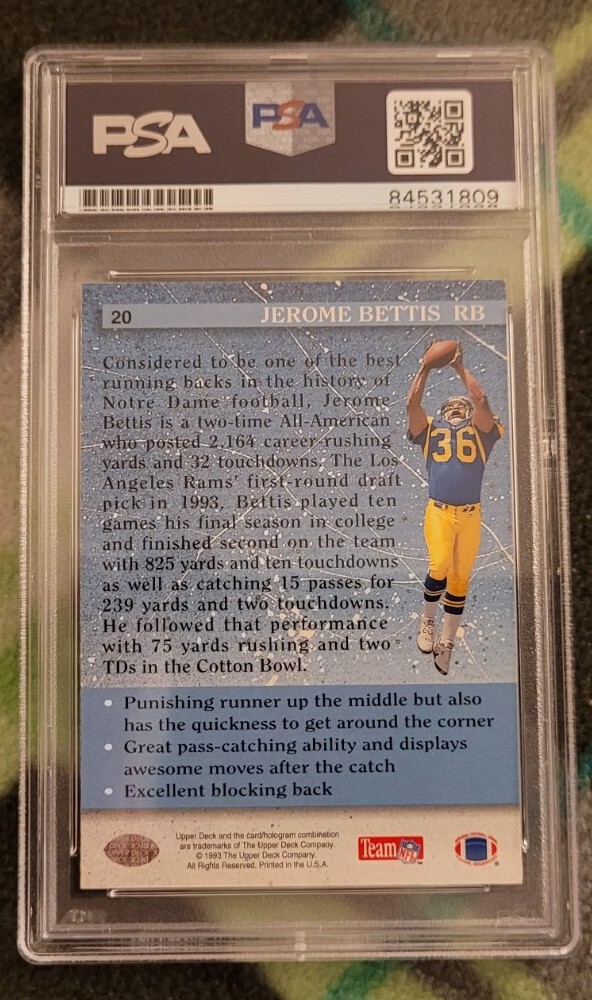 Jerome Bettis signed autographed 1993 UD Football Rookie Card RC IP auto PSA HOF view 3