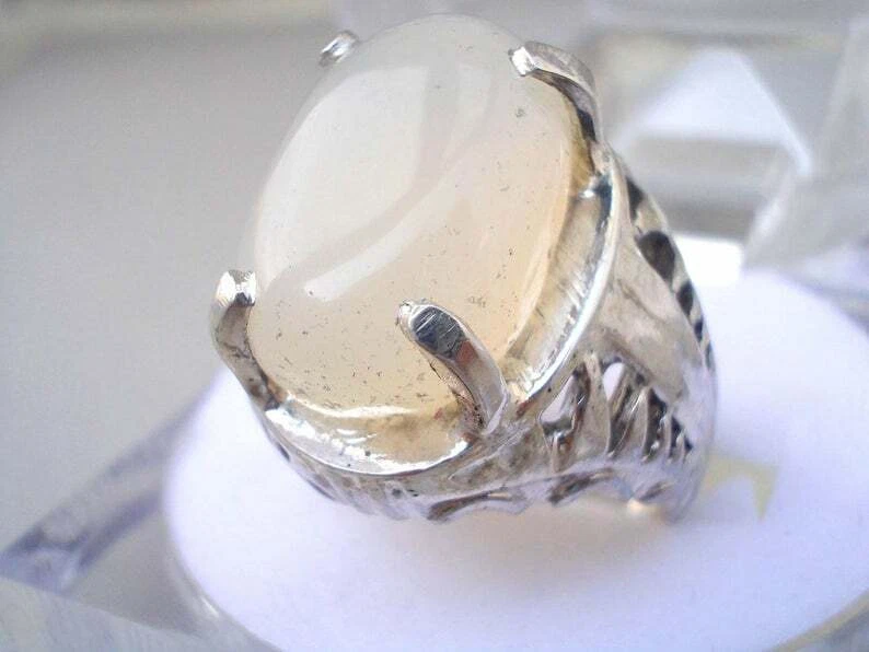 Anillo de ágata blanca piedras preciosas naturales anillos de hombre Aqeeq plata de ley 925  Foto 4 de 4