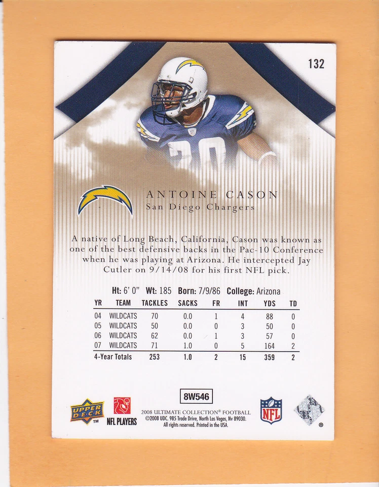  2008 ULTIMATE #132 ANTOINE CASON ROOKIE SP 275 SAN DIEGO CHARGERS RC NM-MT - Image 2 of 2
