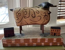 Primitive Resin Wood Look Rustic Sheep Figurine Farmhouse Signed Marsh 2005