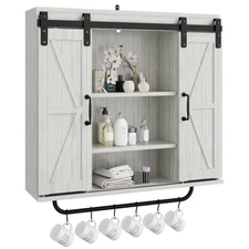 Wood Wall Storage Cabinet, with Two Sliding Barn Door, 3-Tier Decorative