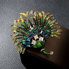 Classic Vintage Middle Crystal Leaves Enamel Brooches Metal Badges Pins