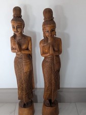 Pair Thai Women Praying Carved Wooden 101cm x 17cm x 14cm