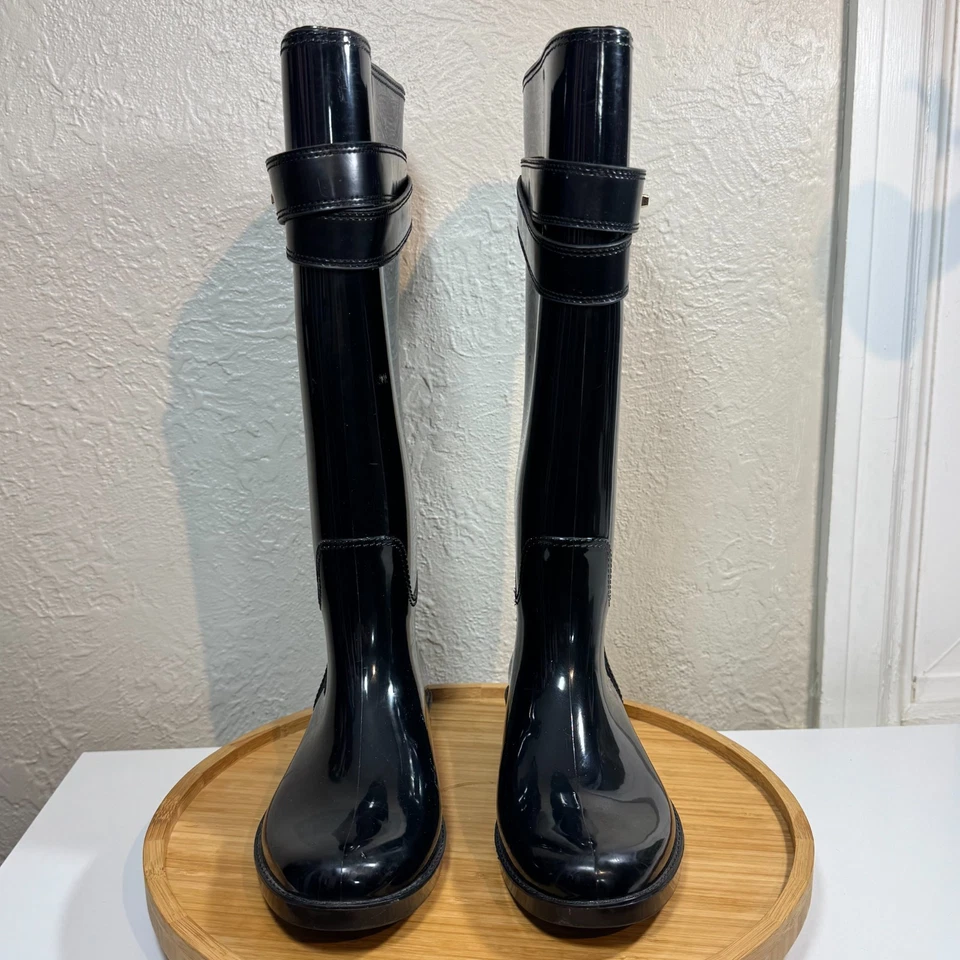 Botas de Lluvia Coach Talia 7 Altas Goma Negro Dorado Turnlock Ecuestre Y2K Preppy Foto 4 de 4