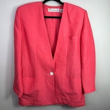 Vintage Chaus Coral Pink Ramie Rayon Collarless Blazer Jacket Size 10