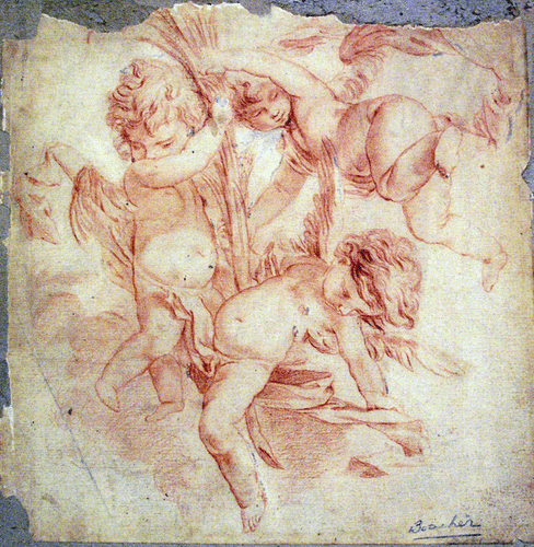 Dibujo de Francois Boucher (atribución): "Putti en vuelo de alegoría"  - Imagen 1 de 4
