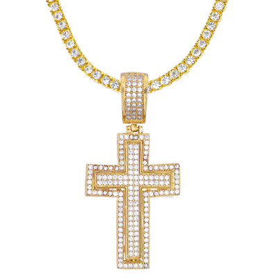 Mens Iced Out CZ Cross Pendant 20 inch Tennis Chain Gold Silver Plated ...