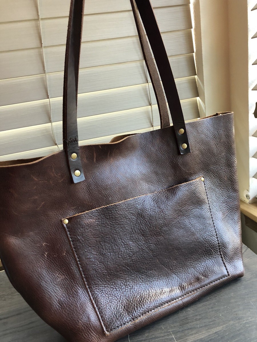 Portland Leather Goods Brown Leather Tote Bag Worn Double Handle