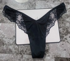 NWT VICTORIA'S SECRET LARGE NAVY BLUE SATIN SMOOTH LACE GOLD RING THONG PANTIES