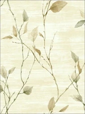 Green and Gold Leaves On Branches On Stria Cream Unpasted Wallpaper SG40204