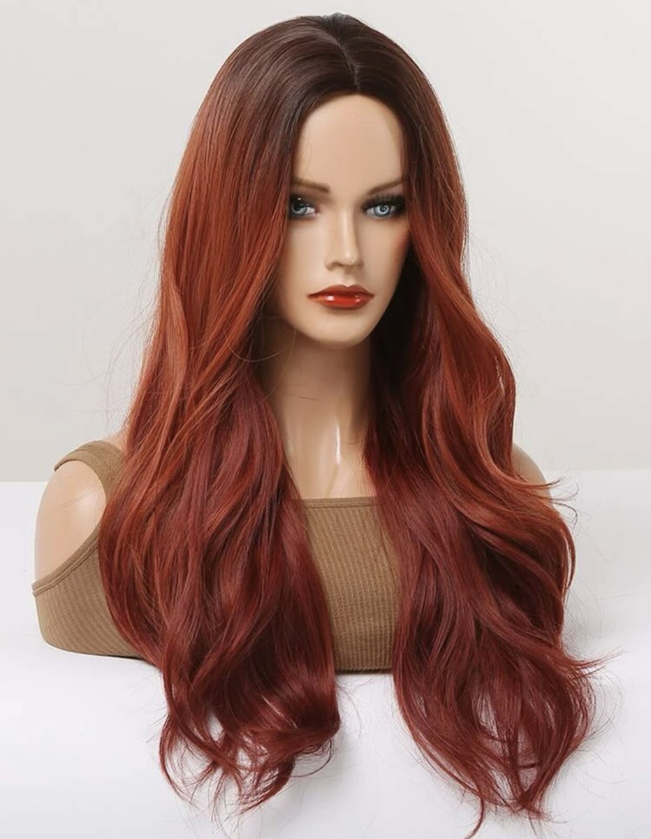 Perruque Longue Rouge Et Noire Bouclée 100% Synthétique - Bonnet Moyen, Style Naturel Et Volumineux