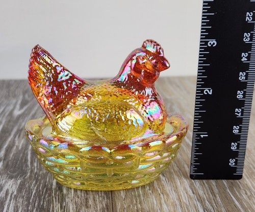 Marigold Carnival Glass Mini Hen on Nest Covered Candy Dish 3.5" -Glows! - Picture 8 of 8