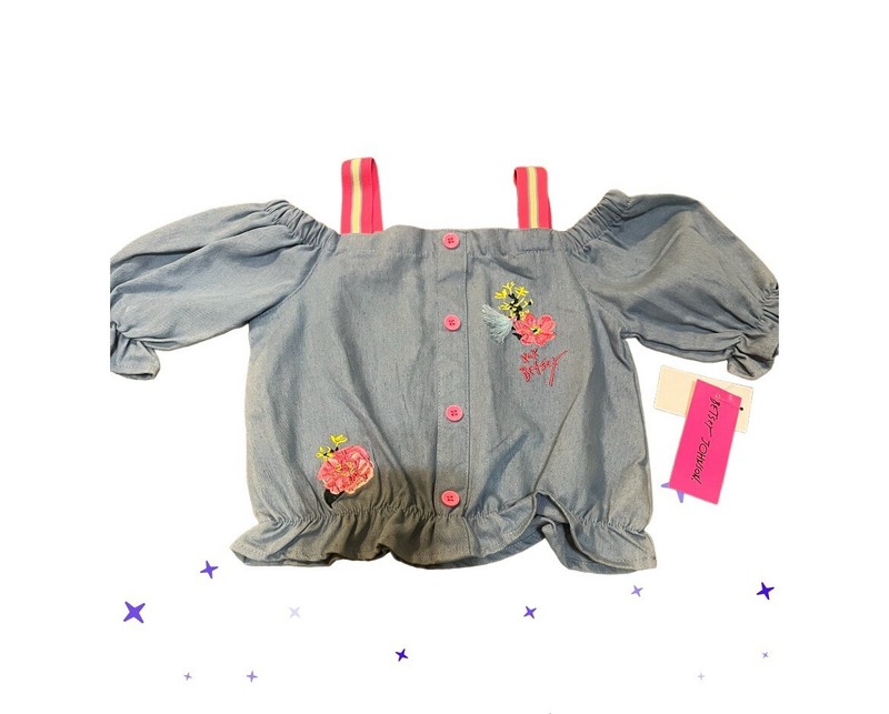 Betsey Jonhson Girls Top 4T Denim Ruffles Elastic Stripes Flower Logo Blouse