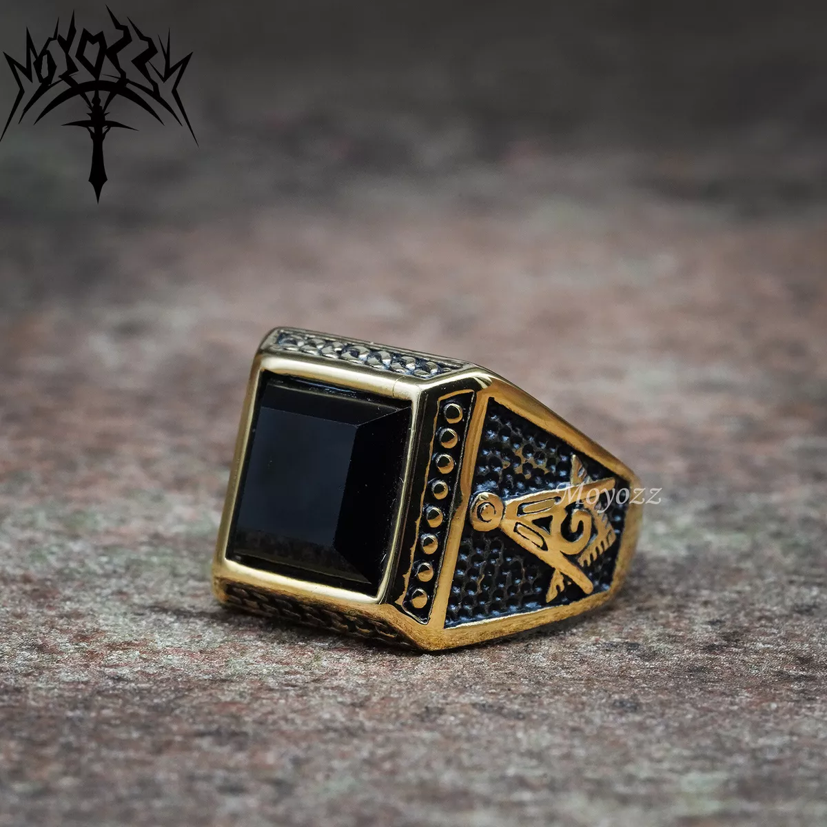 Mens Freemason Black Onyx Stone Masonic Ring Stainless Steel Size