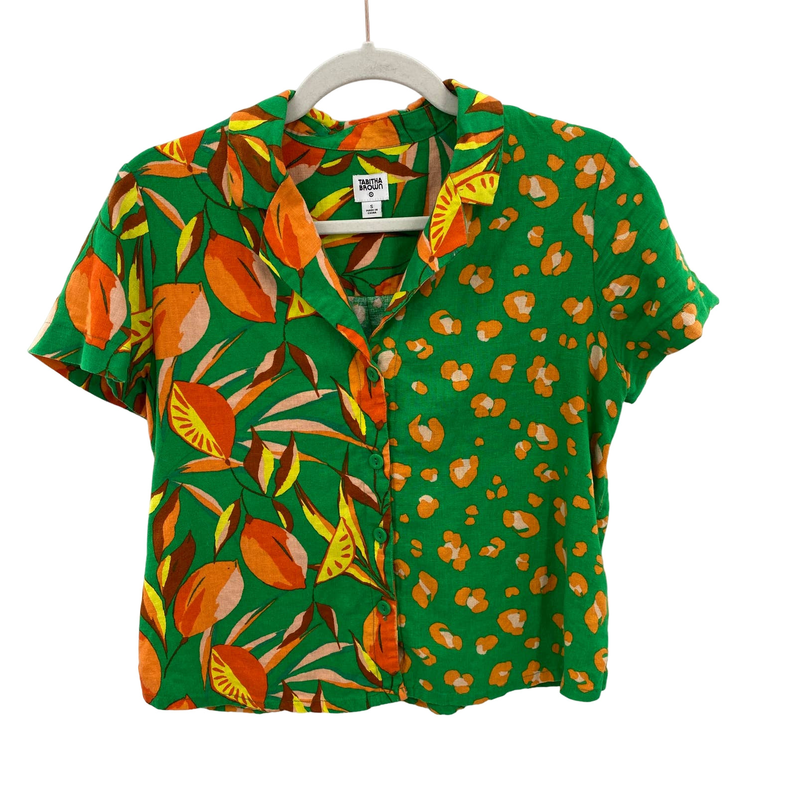 Tabitha Brown Target Button Front Shirt Womens Small Green Orange Floral Retro