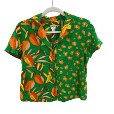 Tabitha Brown Target Button Front Shirt Womens Small Green Orange Floral Retro