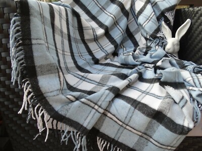Wende-Wolldecke Wohndecke 130x185cm Wollplaid Kuscheldecke Decke 20%Wolle Blau