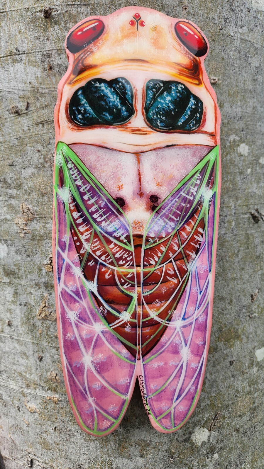Handmade Cicada Wood Painting Epoxy Coat Brood XIX 