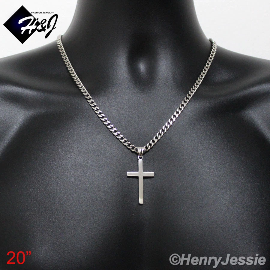 18"-36"MEN Stainless Steel 5mm Silver Cuban Curb Chain Necklace Cross Pendant*P image 7