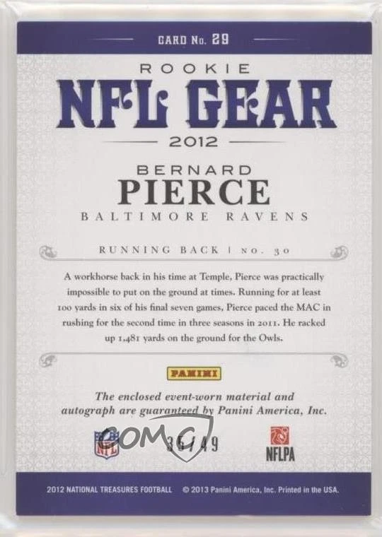 2012 Panini National Treasures NFL Gear /49 Bernard Pierce #29 Rookie Auto RC - Image 2 of 2