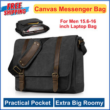 Vintage Canvas Messenger Bag For Men 15.6-16 inch Laptop Bag, Computer Black